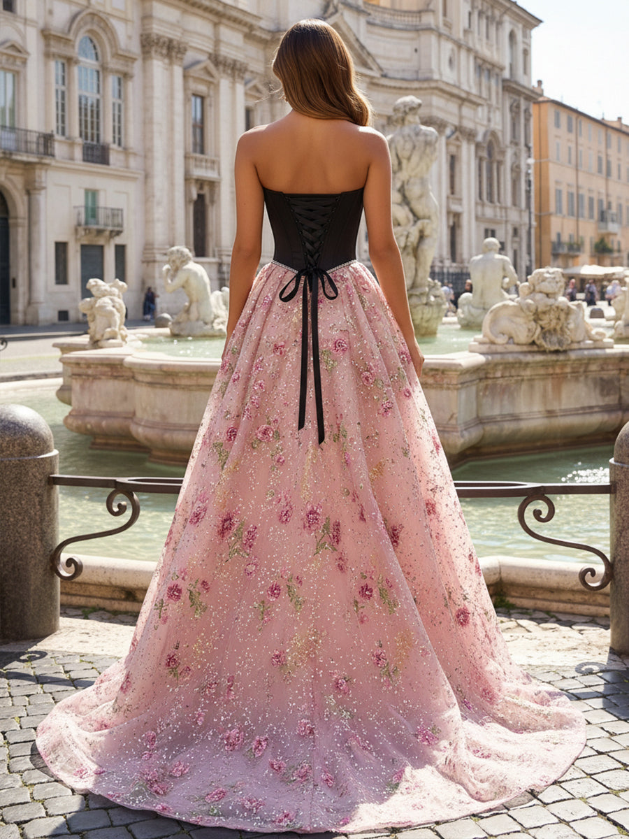 Sequin Embroidery A Line Strapless Floral Prom Dresses