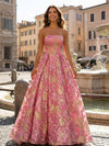 Embroidery A Line Strapless Pleated Prom Dresses