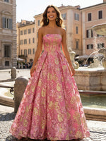 Embroidery A Line Strapless Pleated Prom Dresses
