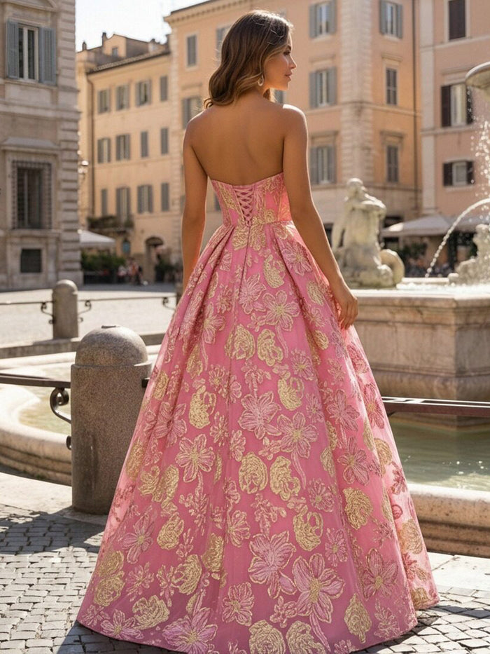 Embroidery A Line Strapless Pleated Prom Dresses