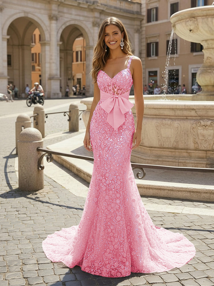 Sequin Embroidery Mermaid Spaghetti Straps Bow Evening Dresses