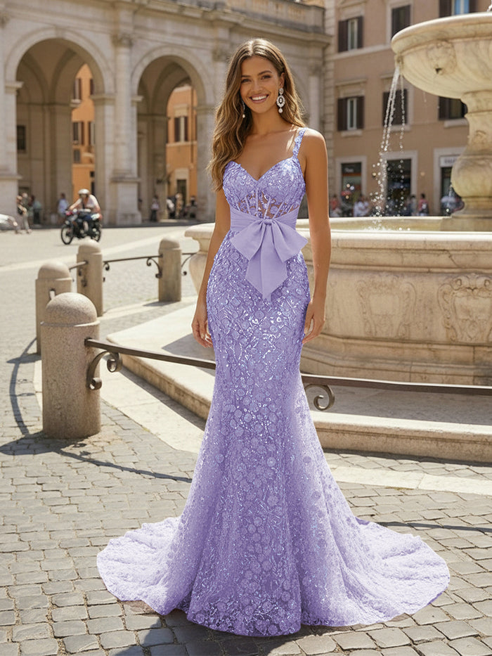 Sequin Embroidery Mermaid Spaghetti Straps Bow Evening Dresses