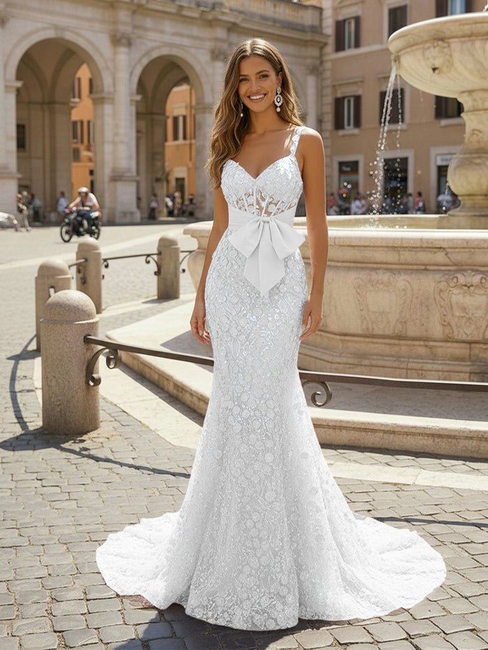 Sequin Embroidery Mermaid Spaghetti Straps Bow Evening Dresses