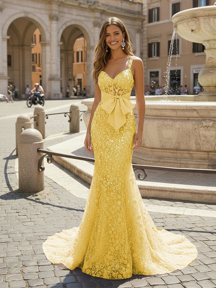 Sequin Embroidery Mermaid Spaghetti Straps Bow Evening Dresses