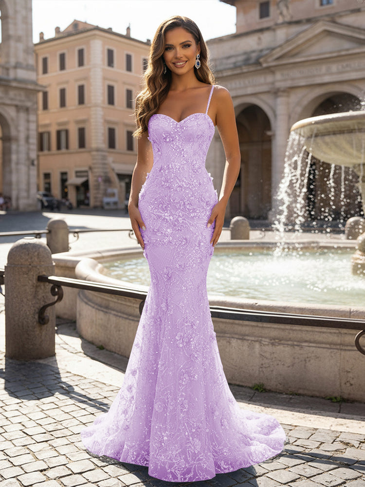 Mermaid Spaghetti Straps Evening Dresses with 3D Flower Appliques