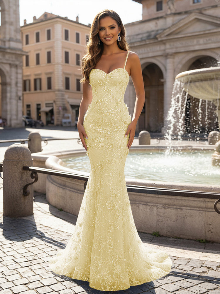 Mermaid Spaghetti Straps Evening Dresses with 3D Flower Appliques