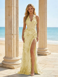 3D Flower Appliques Mermaid Halter Sequin Evening Formal Gown