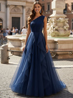 Tulle A Line One Shoulder Ruffles Prom Dresses