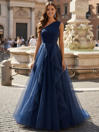Tulle A Line One Shoulder Ruffles Prom Dresses