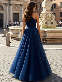 Tulle A Line One Shoulder Ruffles Prom Dresses