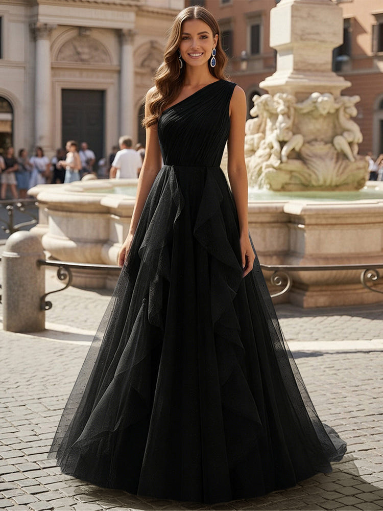 Tulle A Line One Shoulder Ruffles Prom Dresses