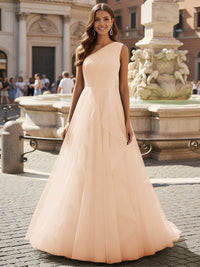 Tulle A Line One Shoulder Ruffles Prom Dresses