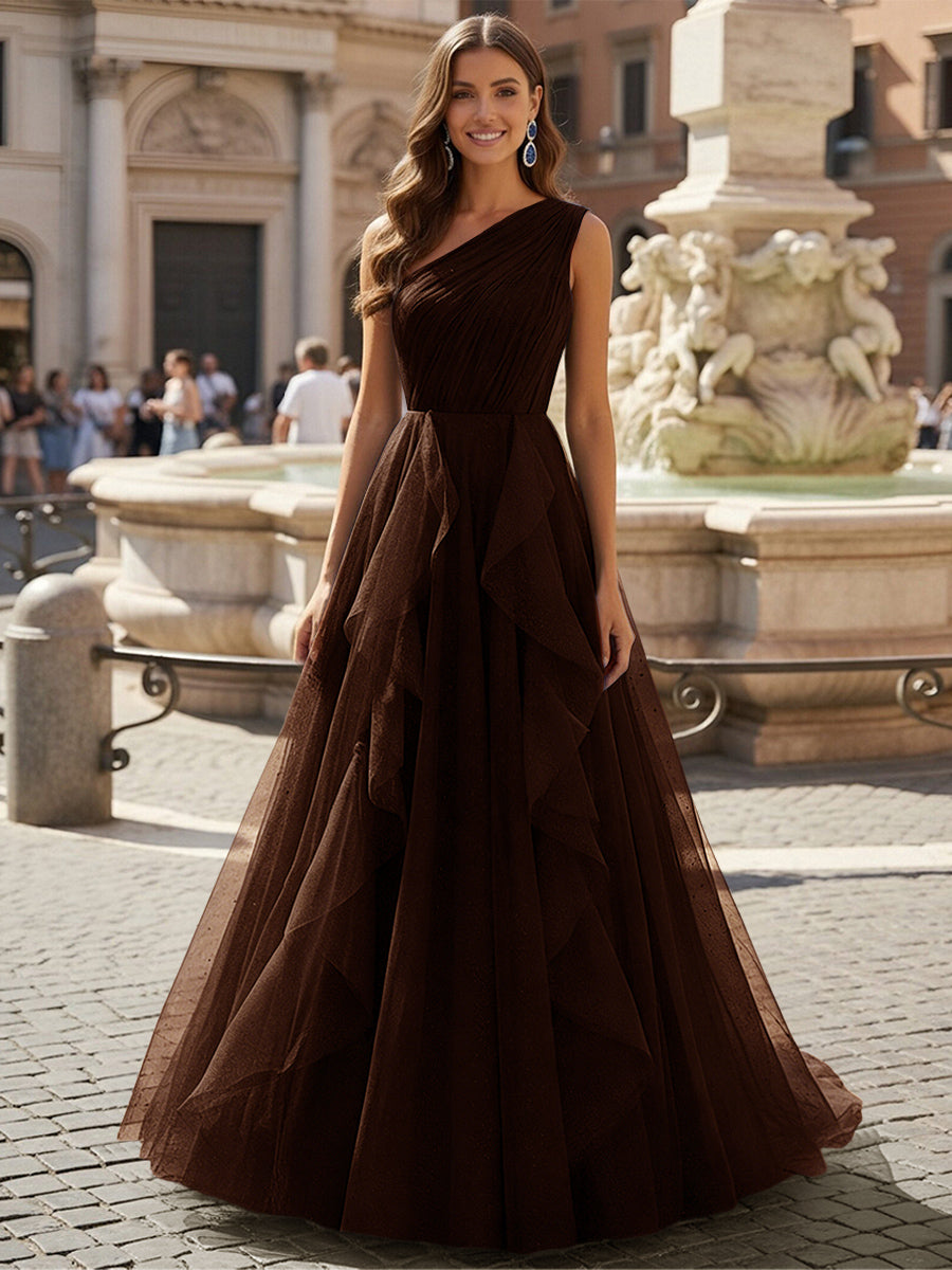 Tulle A Line One Shoulder Ruffles Prom Dresses
