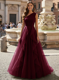 Tulle A Line One Shoulder Ruffles Prom Dresses