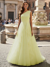 Tulle A Line One Shoulder Ruffles Prom Dresses