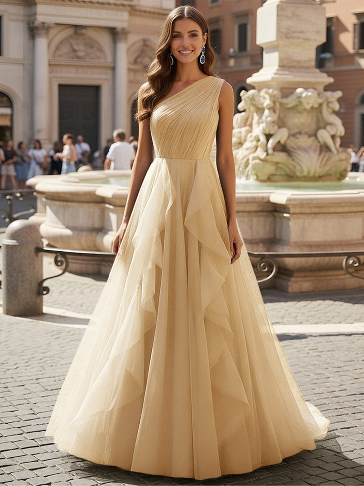 Tulle A Line One Shoulder Ruffles Prom Dresses