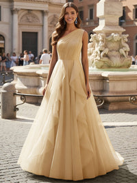 Tulle A Line One Shoulder Ruffles Prom Dresses