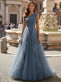Tulle A Line One Shoulder Ruffles Prom Dresses