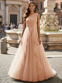 Tulle A Line One Shoulder Ruffles Prom Dresses