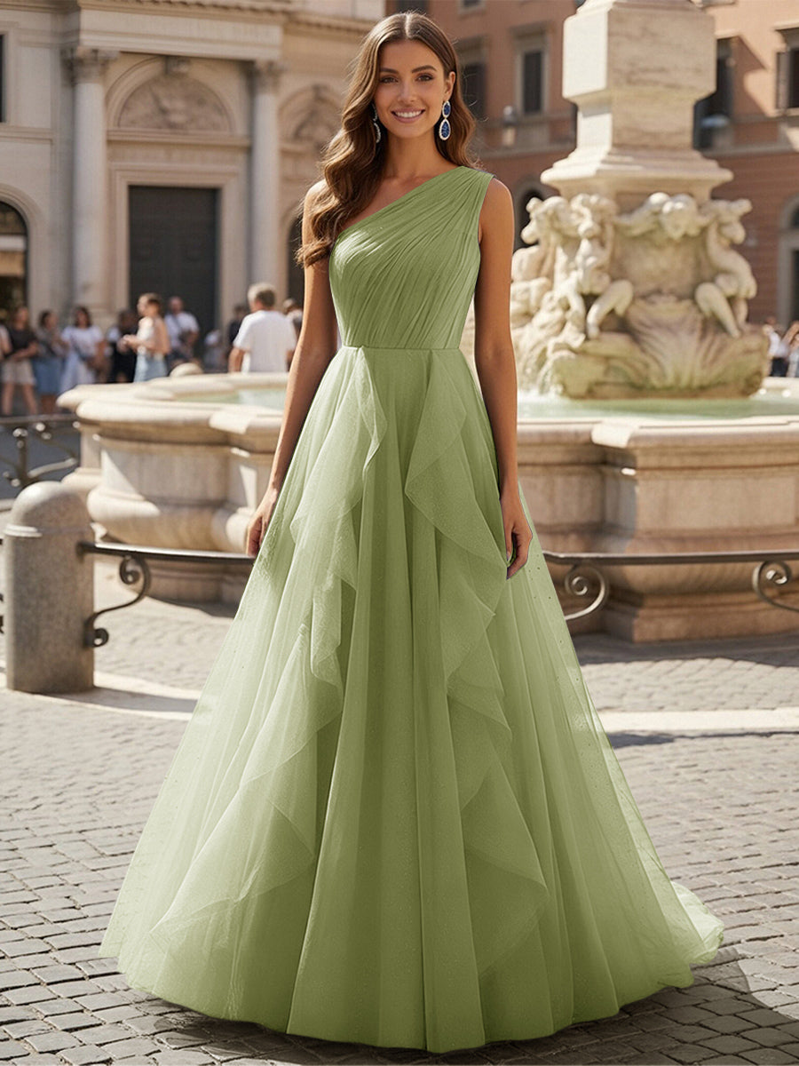 Tulle A Line One Shoulder Ruffles Prom Dresses