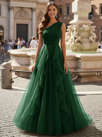 Tulle A Line One Shoulder Ruffles Prom Dresses