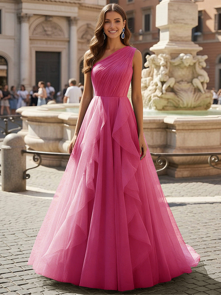 Tulle A Line One Shoulder Ruffles Prom Dresses