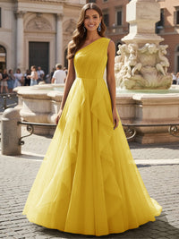 Tulle A Line One Shoulder Ruffles Prom Dresses