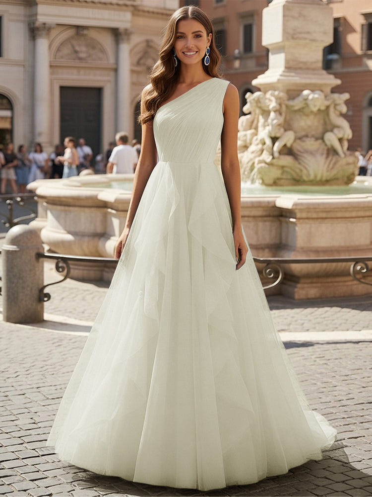 Tulle A Line One Shoulder Ruffles Prom Dresses