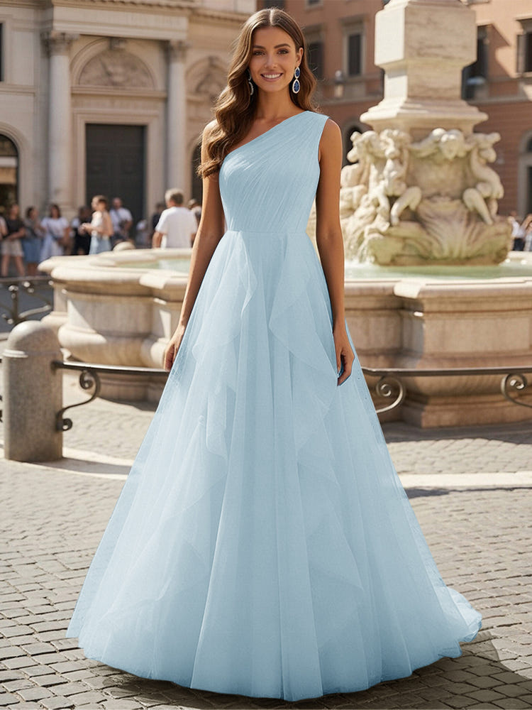 Tulle A Line One Shoulder Ruffles Prom Dresses