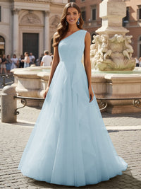 Tulle A Line One Shoulder Ruffles Prom Dresses