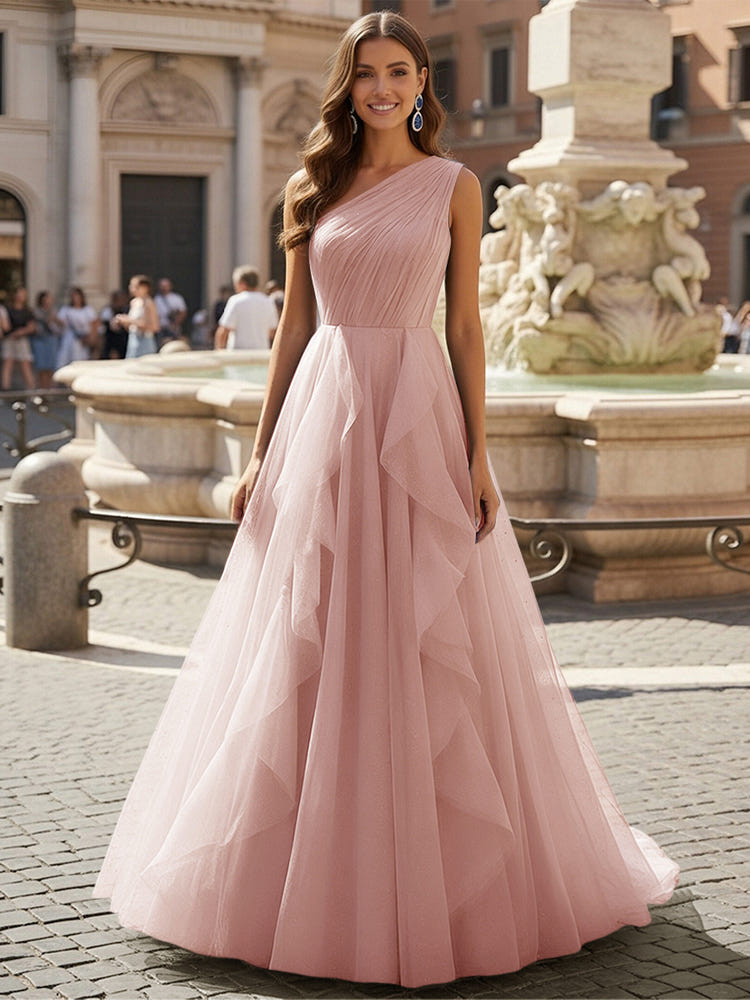 Tulle A Line One Shoulder Ruffles Prom Dresses
