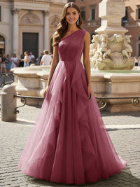 Tulle A Line One Shoulder Ruffles Prom Dresses
