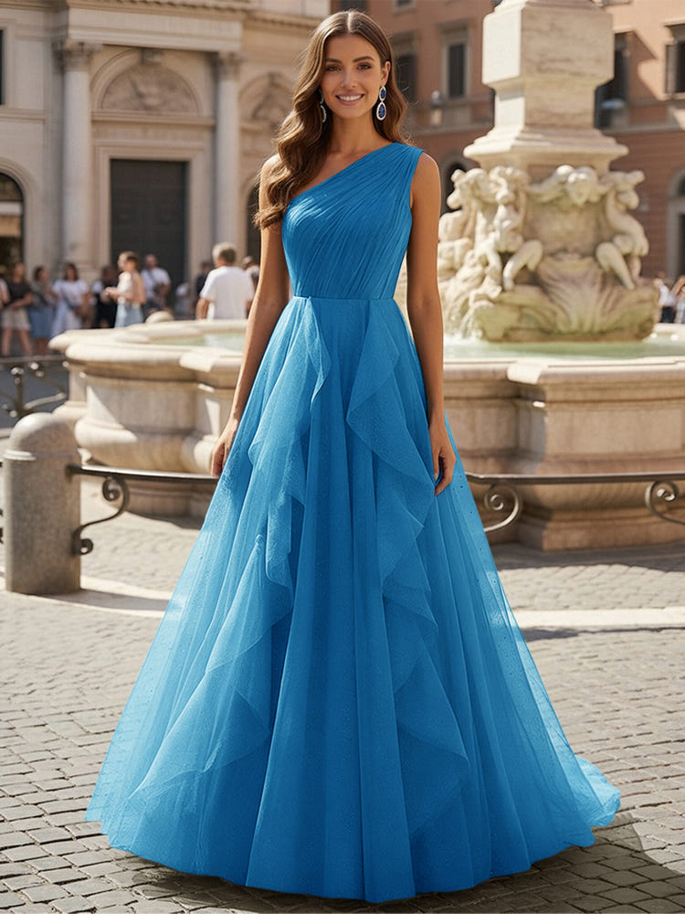 Tulle A Line One Shoulder Ruffles Prom Dresses
