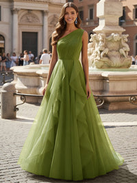 Tulle A Line One Shoulder Ruffles Prom Dresses