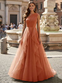 Tulle A Line One Shoulder Ruffles Prom Dresses