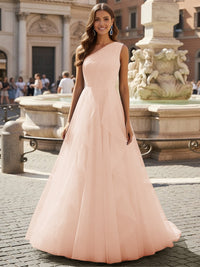 Tulle A Line One Shoulder Ruffles Prom Dresses