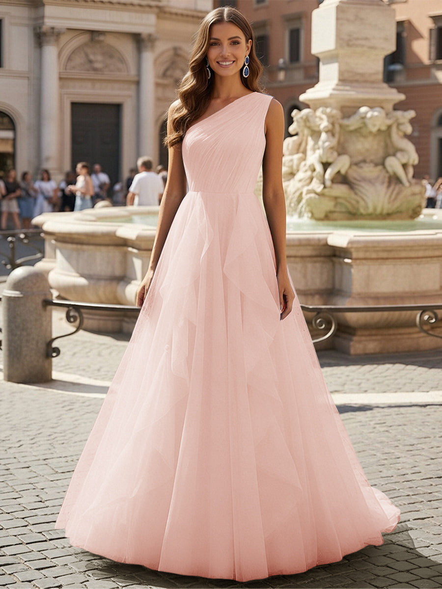 Tulle A Line One Shoulder Ruffles Prom Dresses