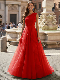 Tulle A Line One Shoulder Ruffles Prom Dresses