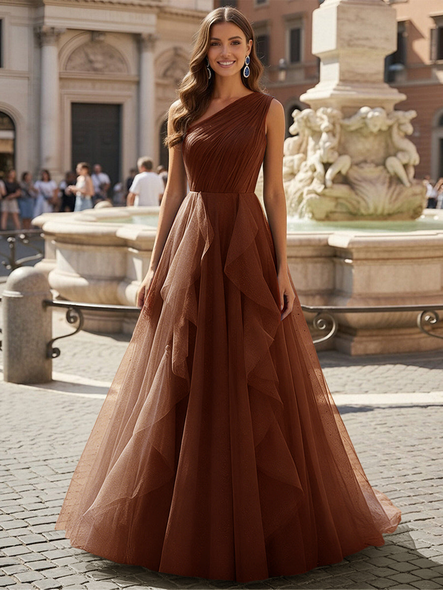 Tulle A Line One Shoulder Ruffles Prom Dresses