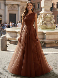 Tulle A Line One Shoulder Ruffles Prom Dresses