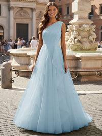 Tulle A Line One Shoulder Ruffles Prom Dresses