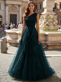 Tulle A Line One Shoulder Ruffles Prom Dresses