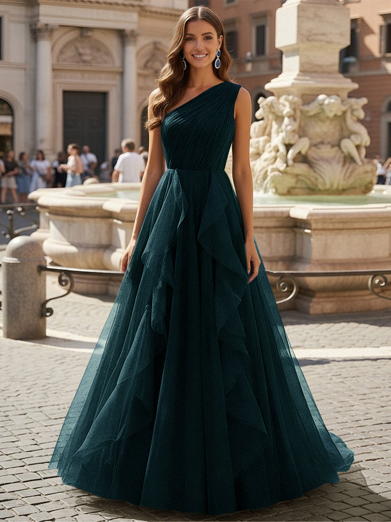Gracins Teal Tulle A Line One Shoulder Ruffles Prom Dresses 2026