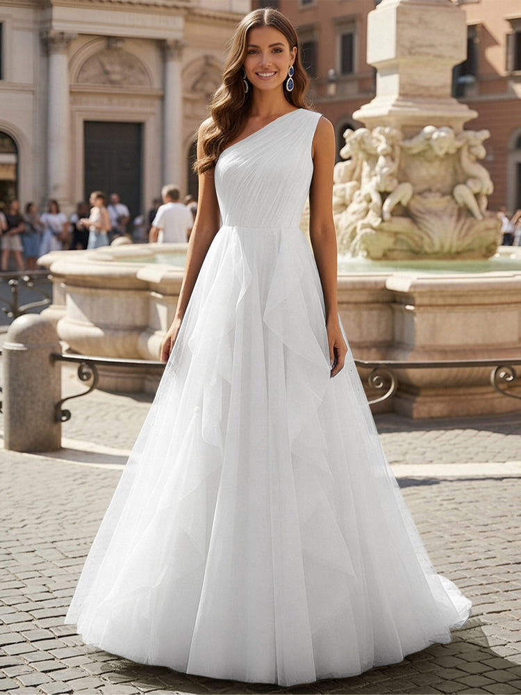Tulle A Line One Shoulder Ruffles Prom Dresses