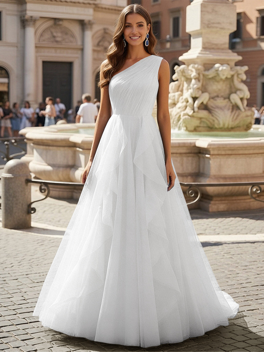Tulle A Line One Shoulder Ruffles Prom Dresses