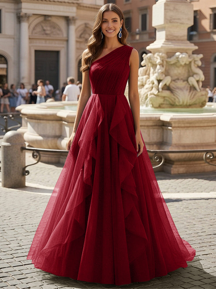 Tulle A Line One Shoulder Ruffles Prom Dresses