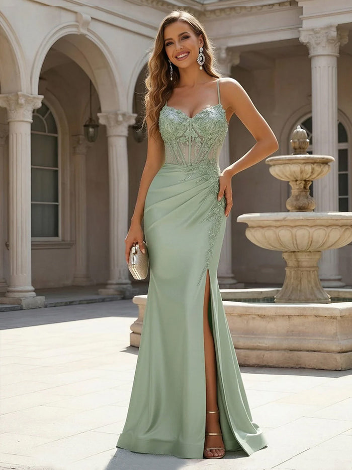 Satin Mermaid Spaghetti Straps Applique  Prom Dresses