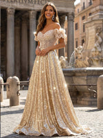 Sequin A Line Off the Shoulder Evening Dresses with Pleats