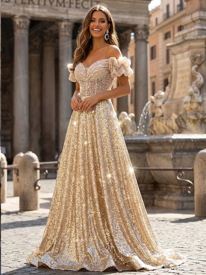 Sequin A Line Off the Shoulder Sequin Prom Dresses