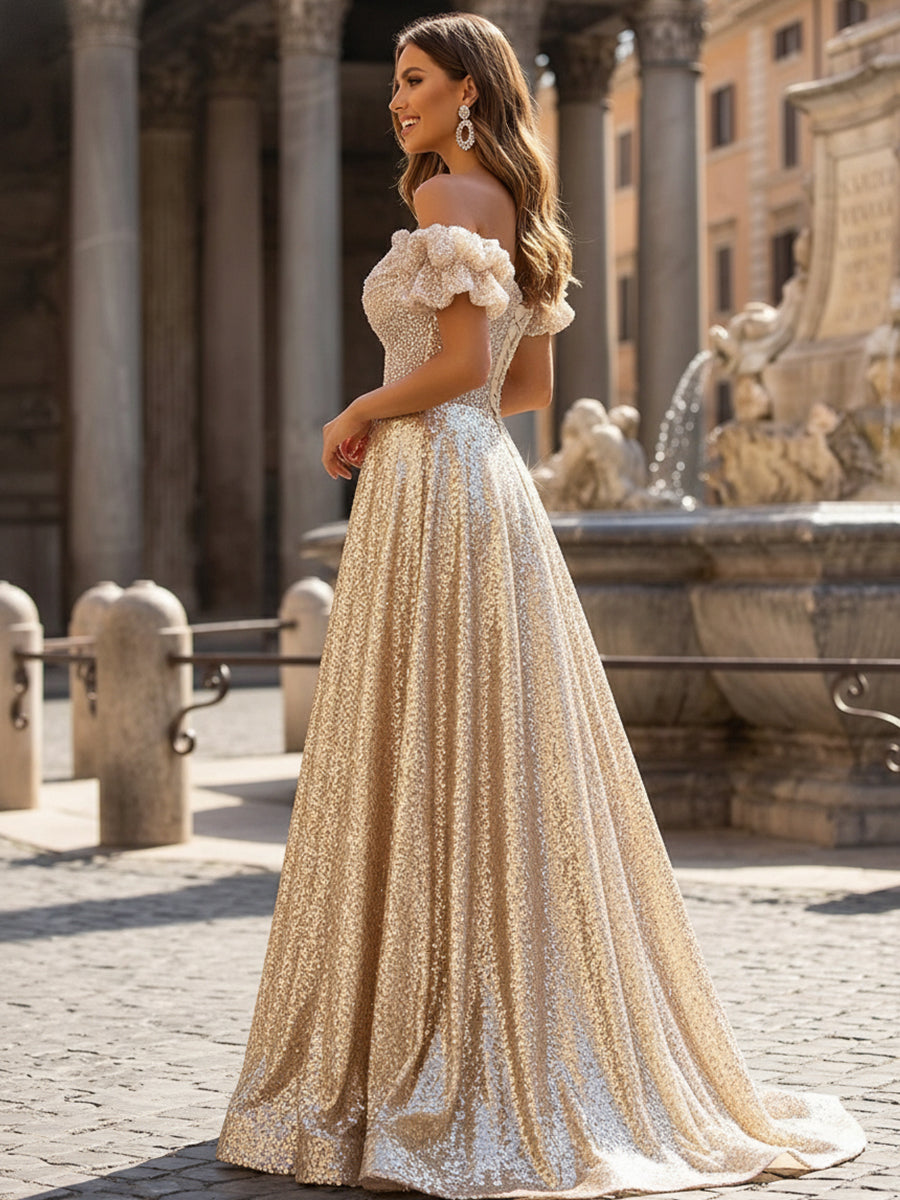 Sequin A Line Off the Shoulder Evening Dresses with Pleats